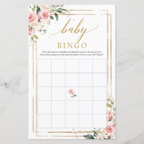 Boho blush pink floral gold baby shower bingo game