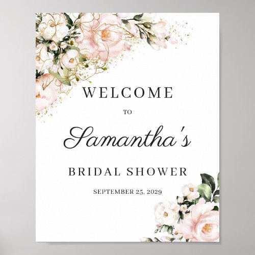 Boho blush pink floral gold bridal shower welcome  poster