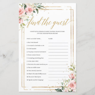 Boho blush pink floral gold find the guest game