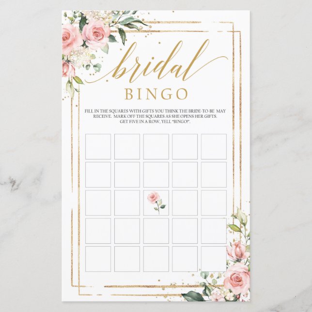 Boho blush pink floral gold frame bingo game (Front)