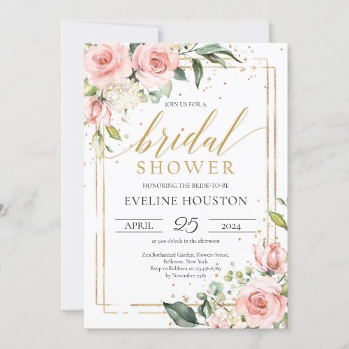 Boho blush pink floral gold frame bridal shower invitation