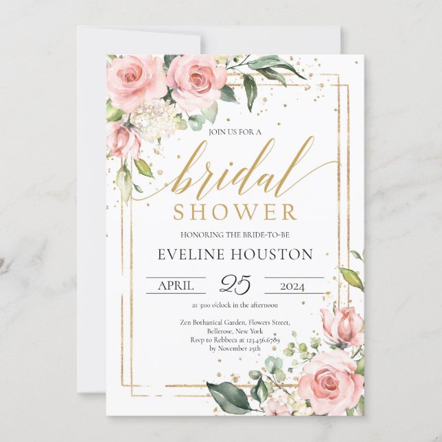 Boho blush pink floral gold frame bridal shower invitation (Front)
