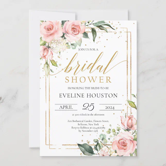 Boho Blush Pink Floral Gold Frame Bridal Shower Invitation Zazzle