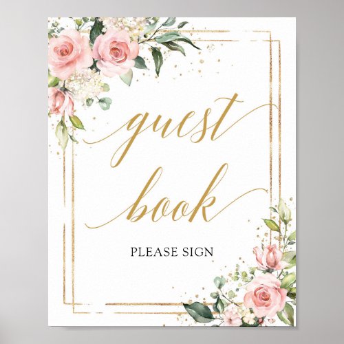 Boho blush pink floral gold frame guest book sign