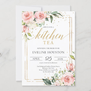 Boho Blush pink floral gold frame kitchen tea   Invitation
