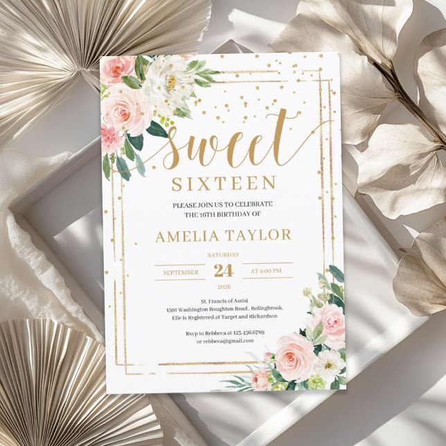 Boho blush pink floral gold frame sweet sixteen invitation (Boho blush pink floral gold frame sweet sixteen invitation)