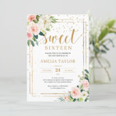 Boho blush pink floral gold frame sweet sixteen invitation (Standing Front)