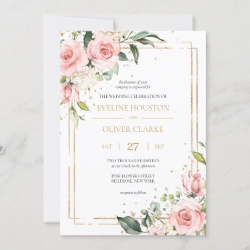 Boho blush pink floral gold geometric chic wedding invitation