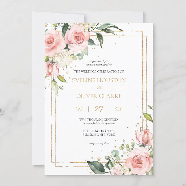 Boho Blush Pink Floral Gold Geometric Chic Wedding Invitation Zazzle