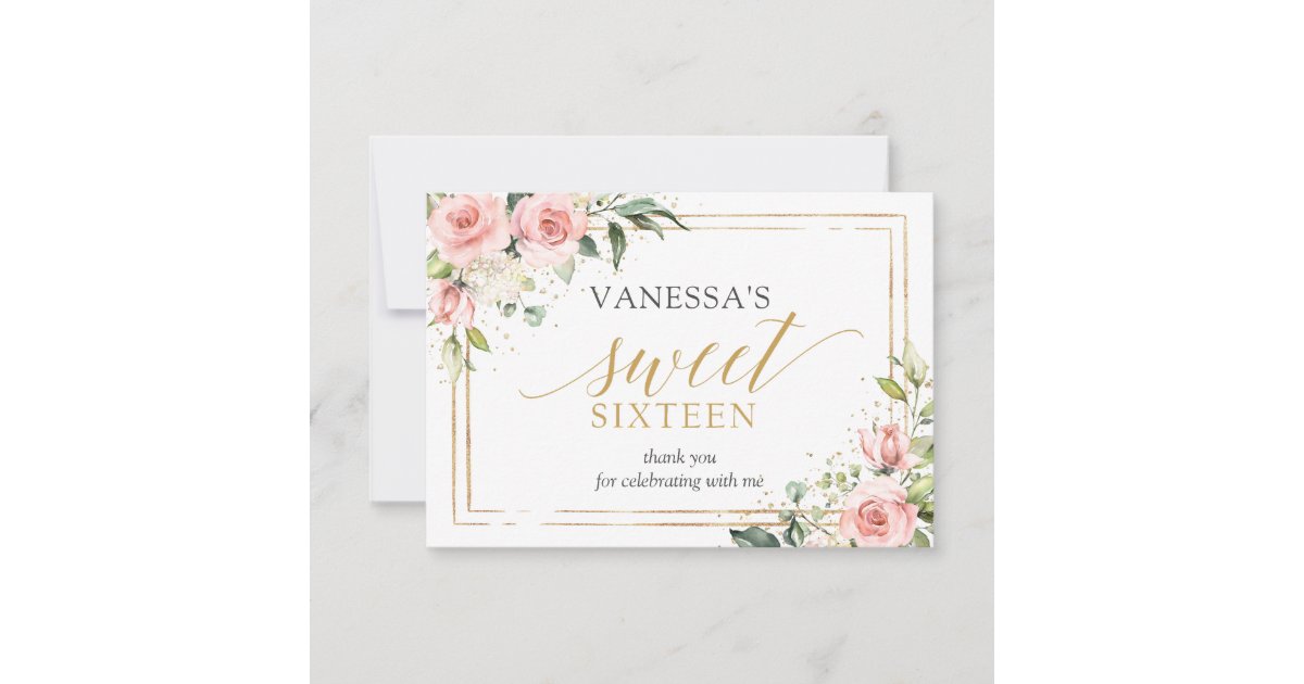 Boho Blush pink floral gold glitter 16th Birthday Thank You Card | Zazzle