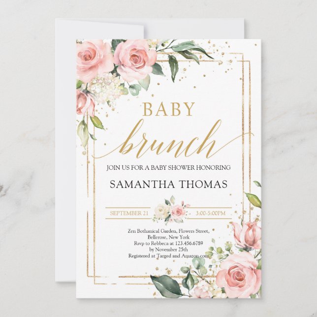 Boho blush pink floral gold glitter baby brunch invitation (Front)