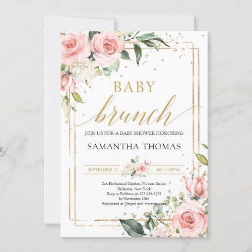 Boho blush pink floral gold glitter baby brunch invitation