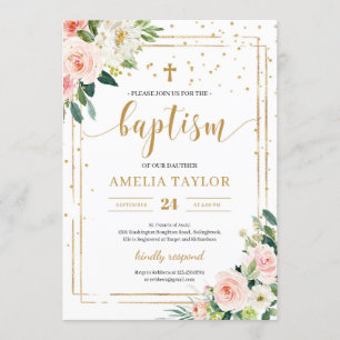 Boho blush pink floral gold glitter baptism invitation