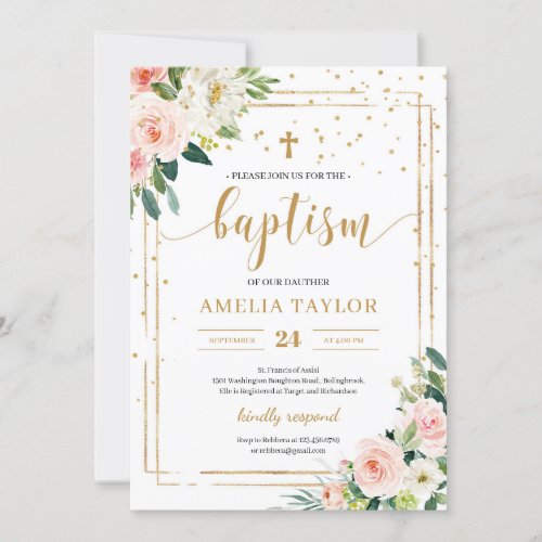 Boho blush pink floral gold glitter baptism invitation