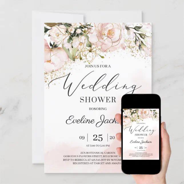 Boho Blush Pink Floral Gold Glitter Wedding Shower Invitation Zazzle