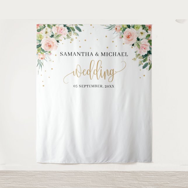 Boho blush pink floral gold green wedding backdrop (Front)