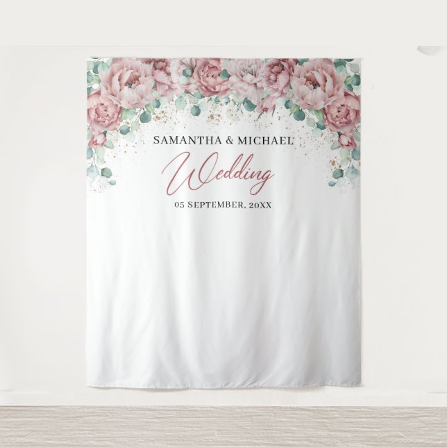 Boho blush pink floral gold green wedding backdrop (Front)