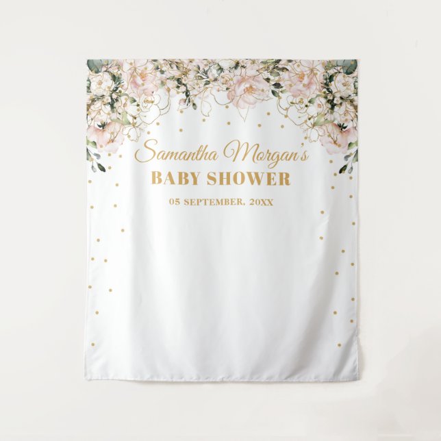 Boho blush pink floral gold leaves baby shower tapestry (Front)