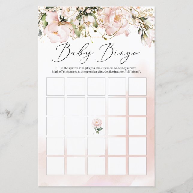 Boho blush pink floral gold leaves bingo game (Front)