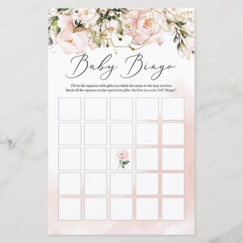 Boho blush pink floral gold leaves bingo game