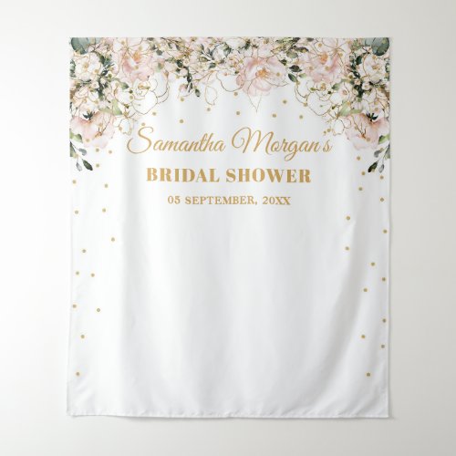 Boho blush pink floral gold leaves bridal shower tapestry