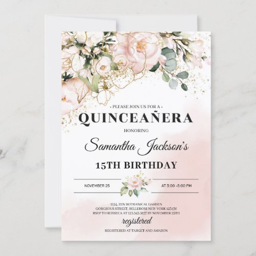 Boho blush pink floral gold leaves quinceanera invitation