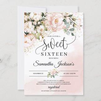 Boho blush pink floral gold leaves sweet sixteen  invitation