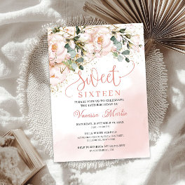 Boho blush pink floral gold leaves sweet sixteen invitation
