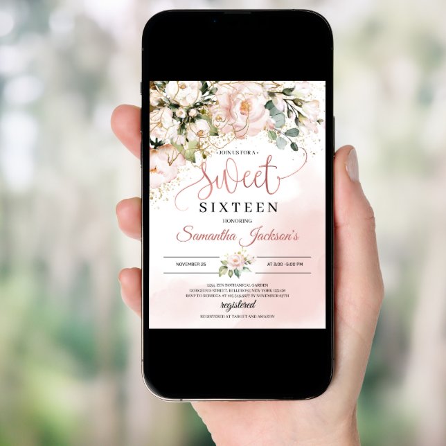 Boho blush pink floral gold leaves sweet sixteen   invitation (Front Digital)