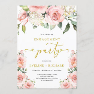 Boho blush pink floral gold lettering engagement invitation