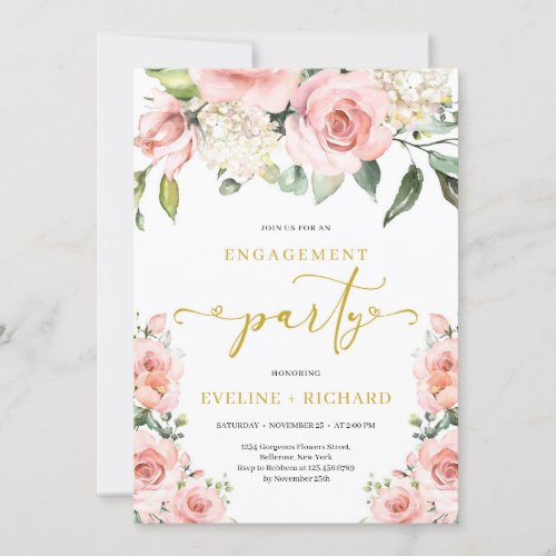 Boho blush pink floral gold lettering engagement invitation