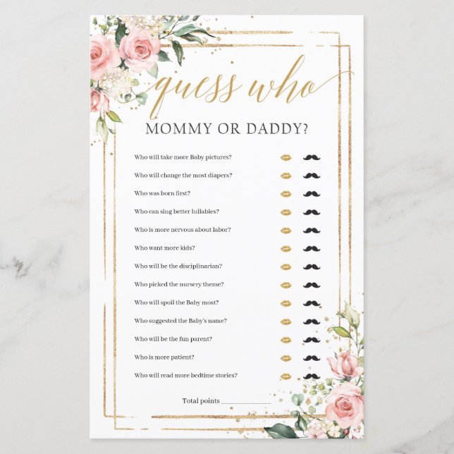 Boho blush pink floral gold mommy or daddy game (Front)