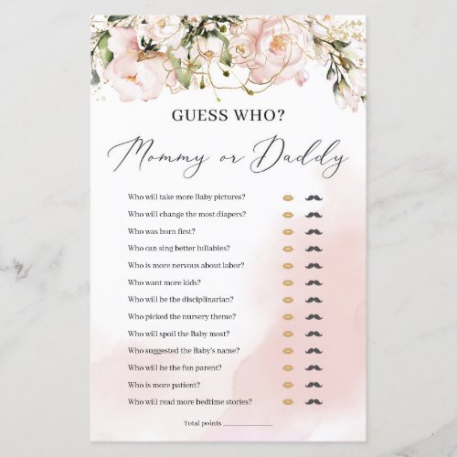 Boho blush pink floral gold mommy or daddy game