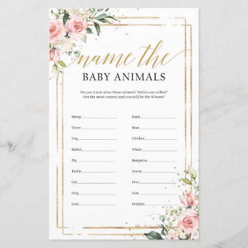 Boho blush pink floral gold name the baby animals
