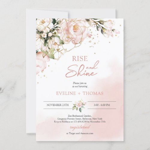 Boho blush pink floral gold rise and shine wedding invitation