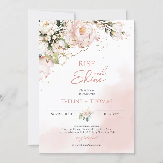 Boho Blush Pink Floral Gold Rise And Shine Wedding Invitation Zazzle