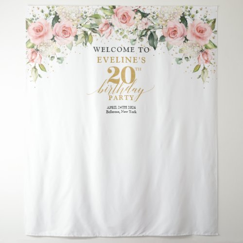 Boho Blush pink floral gold sage 20th birthday Tapestry