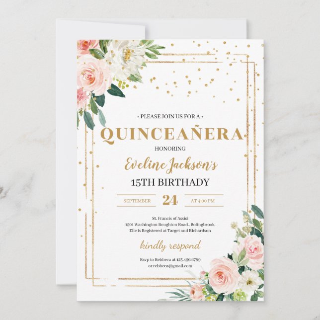 Boho blush pink floral gold sparkles quinceanera invitation (Front)