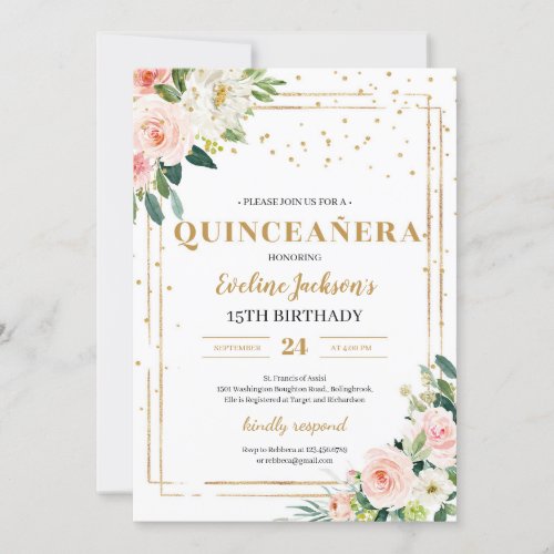 Boho blush pink floral gold sparkles quinceanera invitation