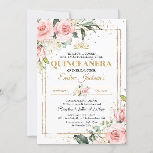 Boho Blush pink floral gold tiara quinceanera Invitation