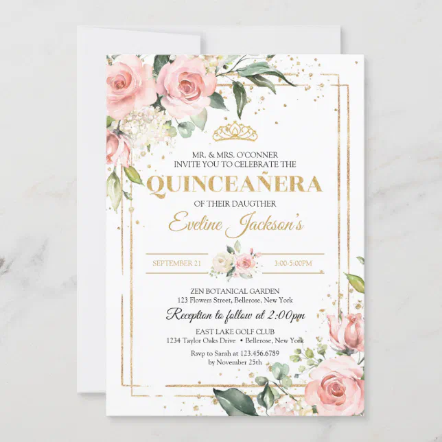 Boho Blush pink floral gold tiara quinceanera Invitation | Zazzle