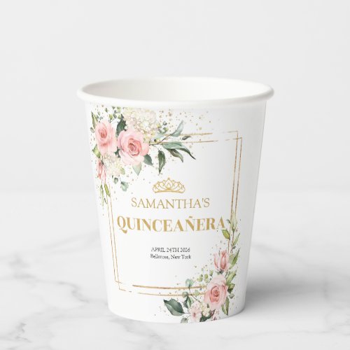 Boho Blush pink floral gold tiara Quinceanera Paper Cups