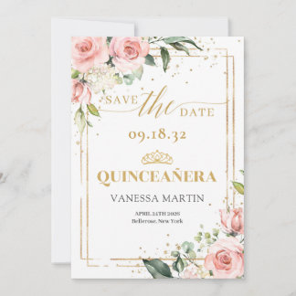 Boho Blush pink floral gold tiara Quinceanera Save The Date