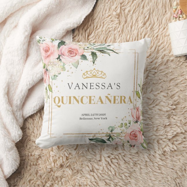 Boho Blush pink floral gold tiara Quinceanera  Throw Pillow (Blanket)