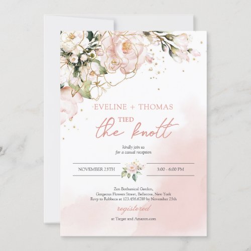 Boho blush pink floral gold tied the knot engage invitation