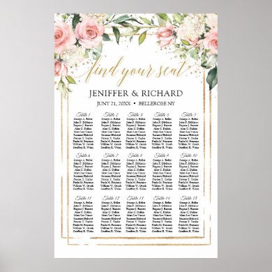 Boho blush pink floral gold wedding seating chart