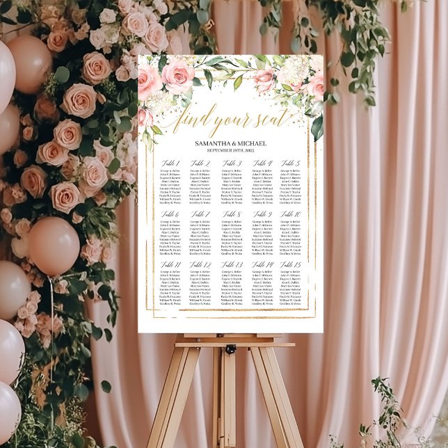 Boho blush pink floral gold wedding seating chart (Boho blush pink floral gold wedding seating chart)