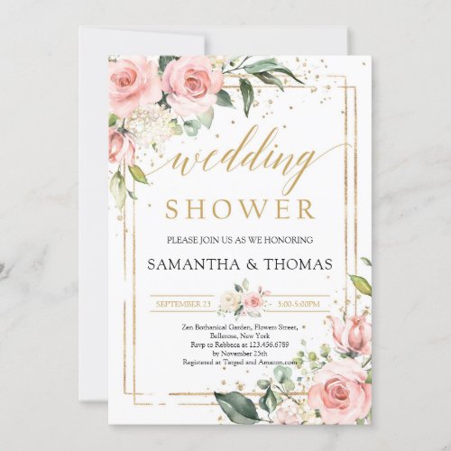 Boho blush pink floral gold wedding shower invitation