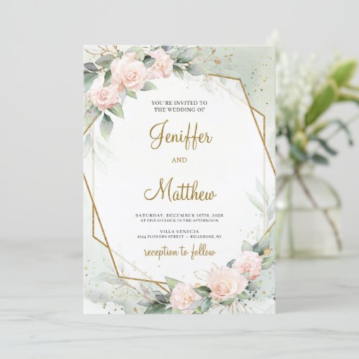 Boho Blush Pink Floral Greenery Gold Frame Wedding Invitation | Zazzle