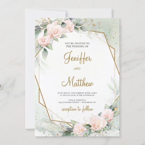 Boho Blush Pink Floral Greenery Gold Frame Wedding Invitation